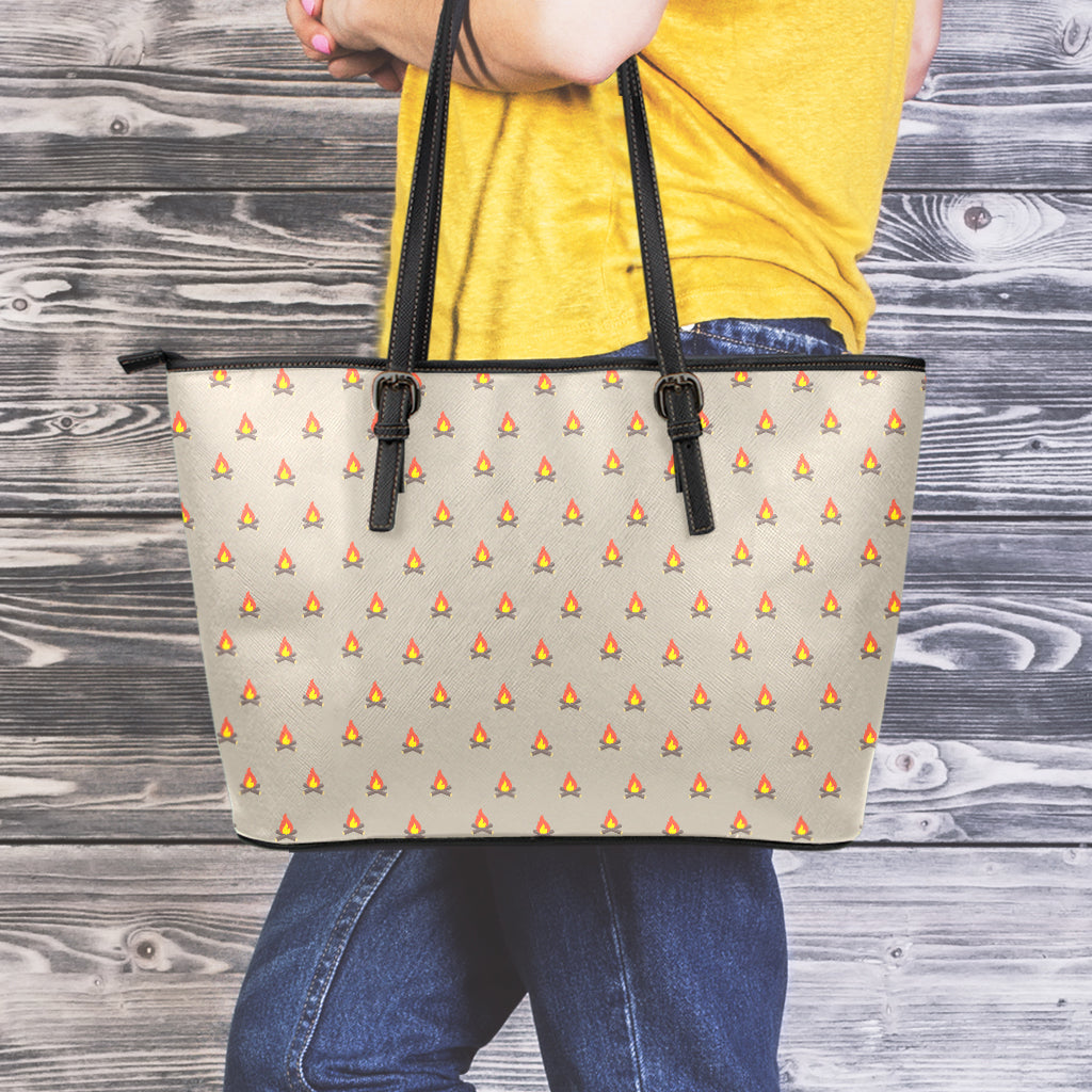 Camping Fire Pattern Print Leather Tote Bag