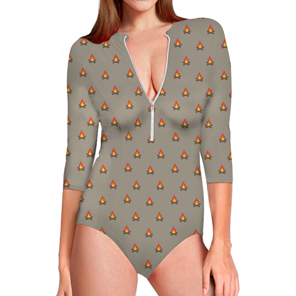 Camping Fire Pattern Print Long Sleeve One Piece Swimsuit