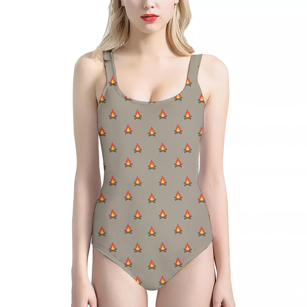 Camping Fire Pattern Print One Piece Halter Neck Swimsuit