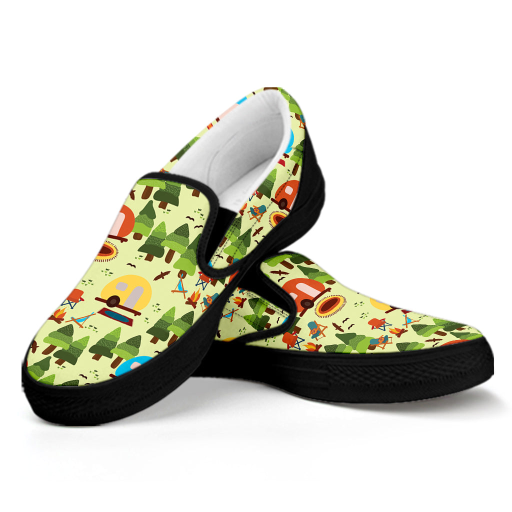 Camping Picnic Pattern Print Black Slip On Shoes