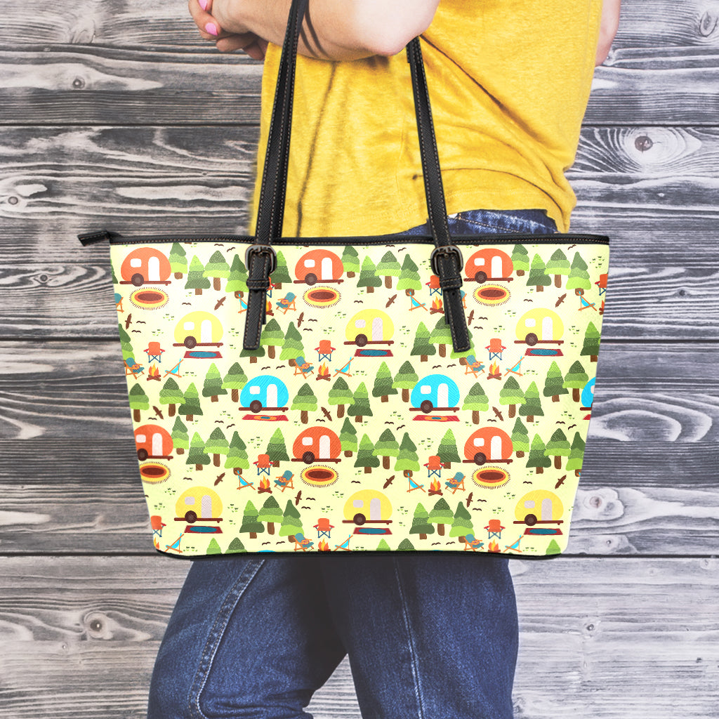 Camping Picnic Pattern Print Leather Tote Bag