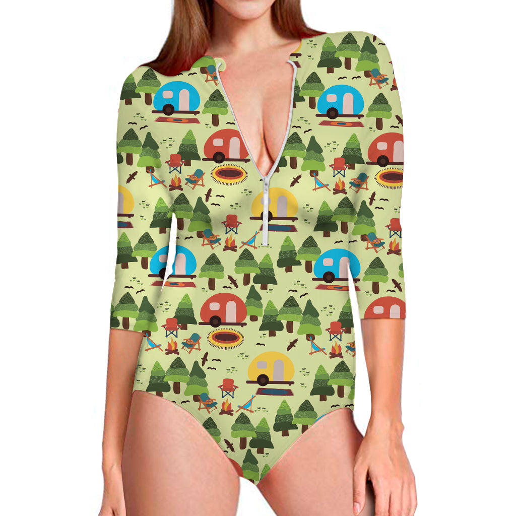 Camping Picnic Pattern Print Long Sleeve One Piece Swimsuit