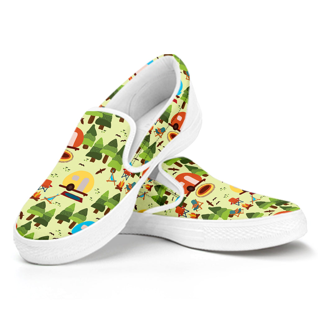 Camping Picnic Pattern Print White Slip On Shoes