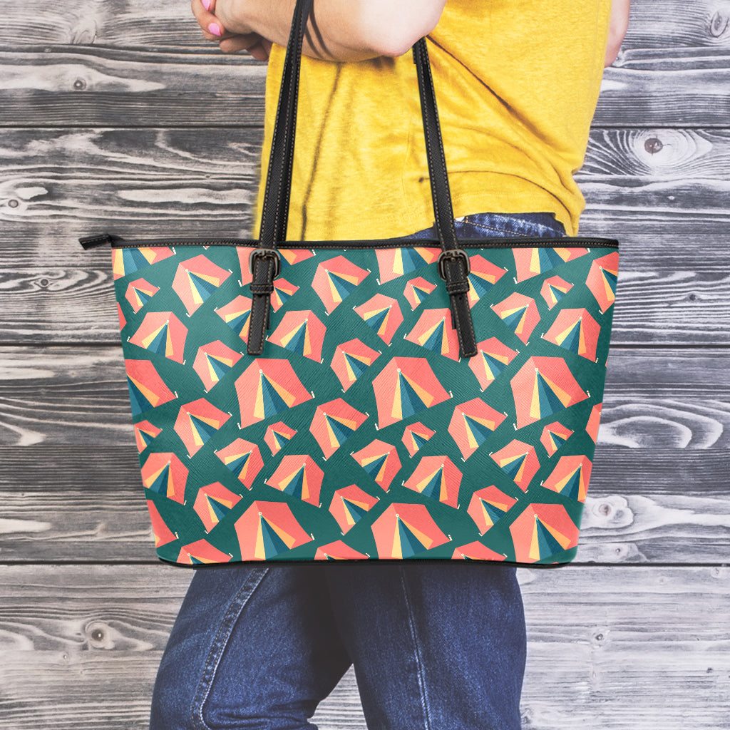 Camping Tent Pattern Print Leather Tote Bag