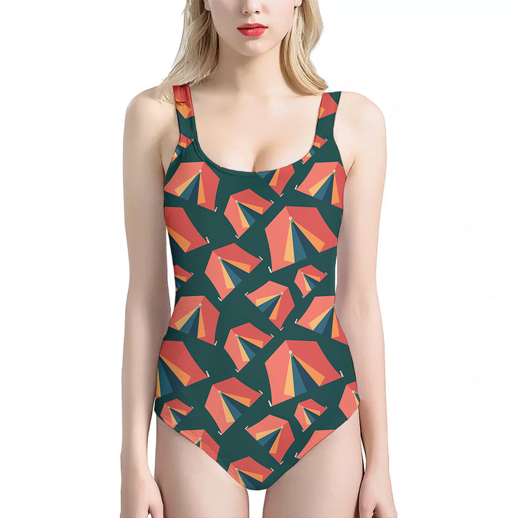 Camping Tent Pattern Print One Piece Halter Neck Swimsuit