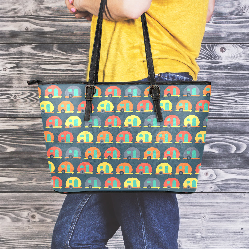 Camping Van Pattern Print Leather Tote Bag