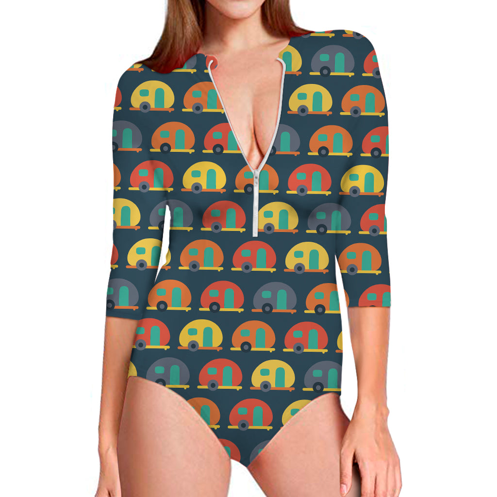 Camping Van Pattern Print Long Sleeve One Piece Swimsuit