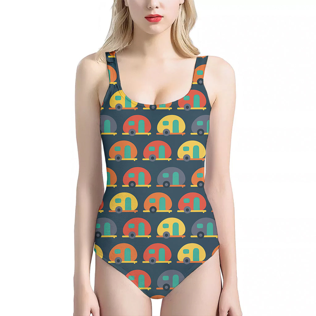 Camping Van Pattern Print One Piece Halter Neck Swimsuit