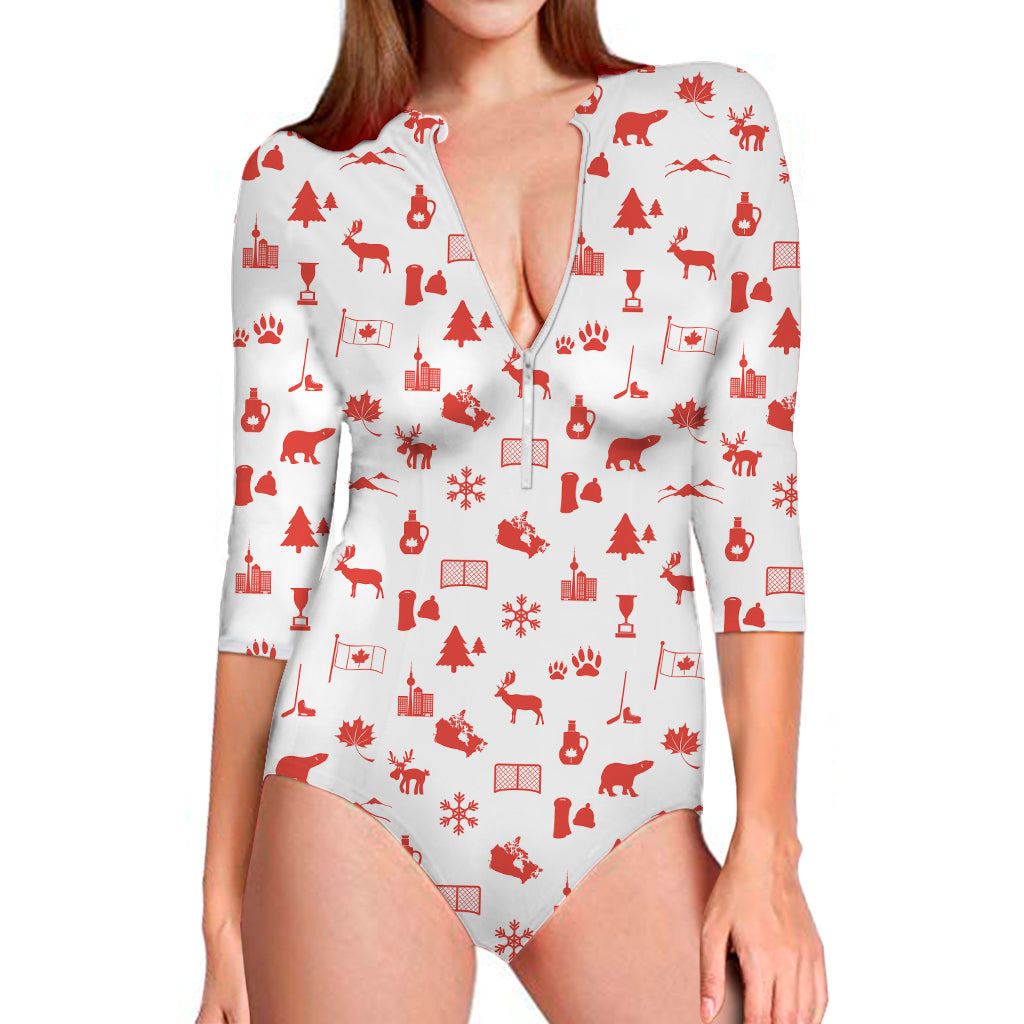 Canada Country Pattern Print Long Sleeve One Piece Swimsuit