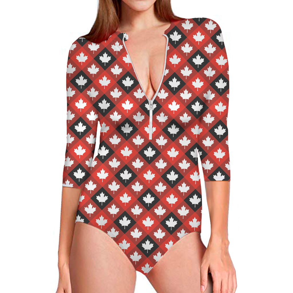 Canada Maple Leaf Pattern Print Long Sleeve One Piece Swimsuit