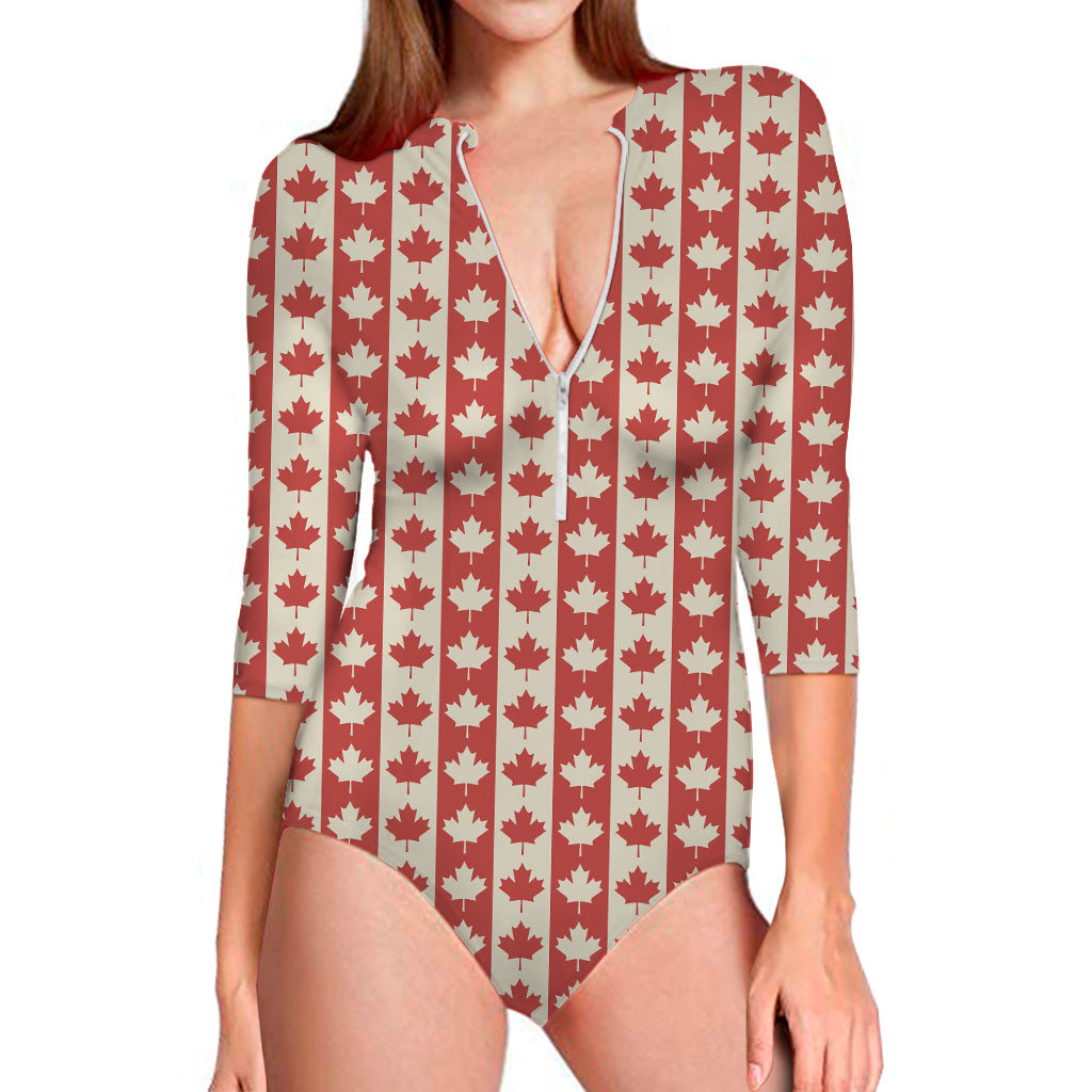 Canadian Maple Leaf Pattern Print Long Sleeve One Piece Swimsuit