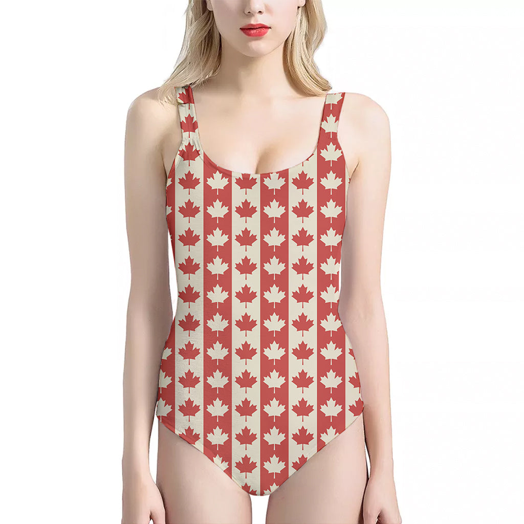 Canadian Maple Leaf Pattern Print One Piece Halter Neck Swimsuit