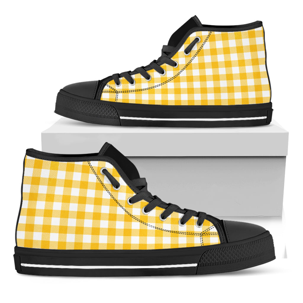 Canary Yellow And White Gingham Print Black High Top Shoes