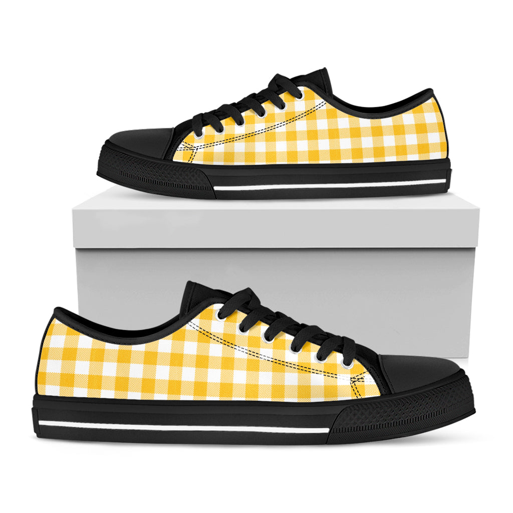 Canary Yellow And White Gingham Print Black Low Top Shoes