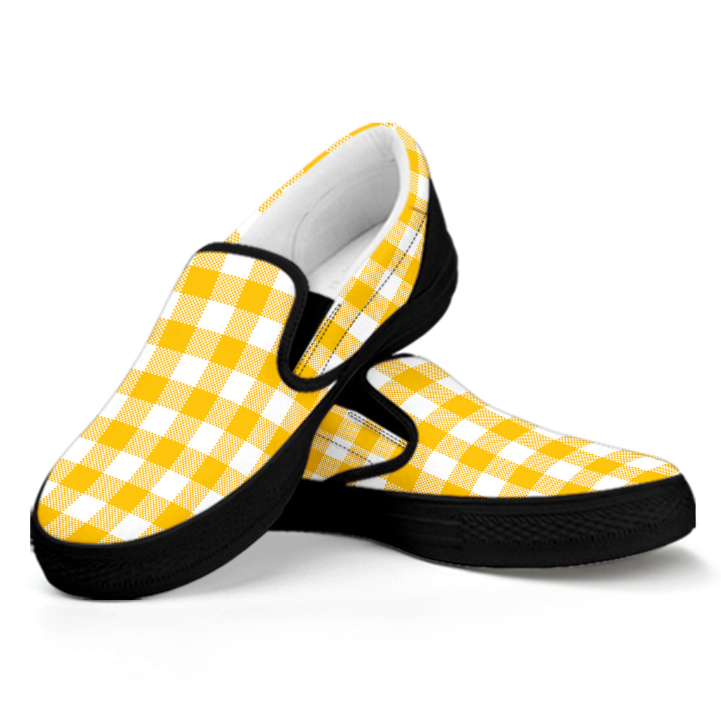 Canary Yellow And White Gingham Print Black Slip On Shoes