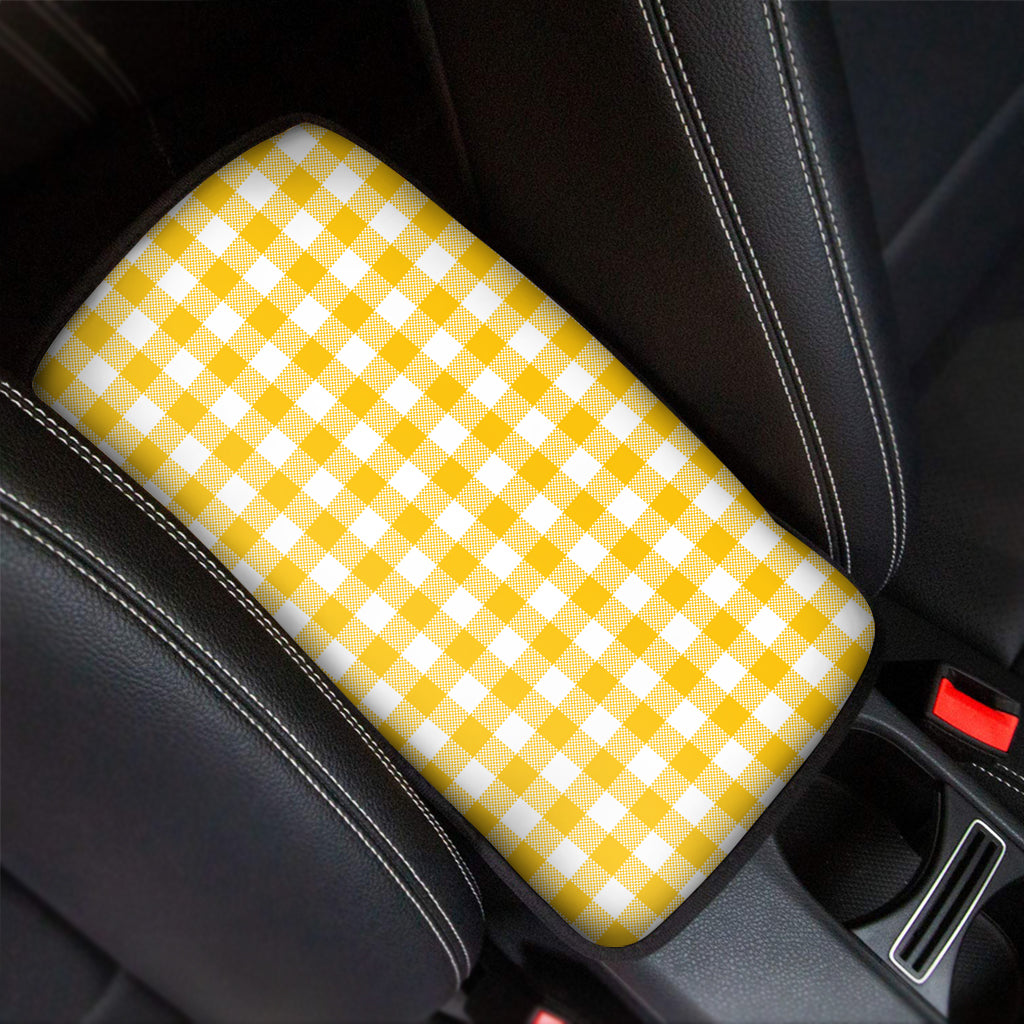 Canary Yellow And White Gingham Print Car Center Console Cover