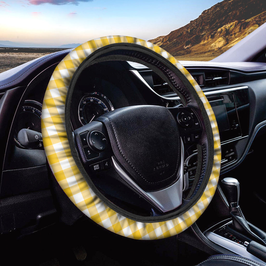 Canary Yellow And White Gingham Print Car Steering Wheel Cover