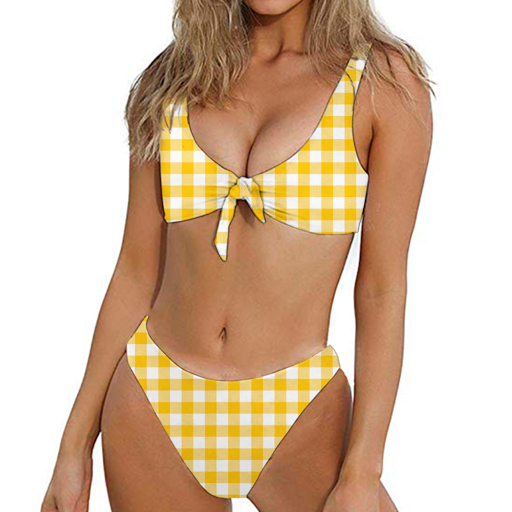 Canary Yellow And White Gingham Print Front Bow Tie Bikini