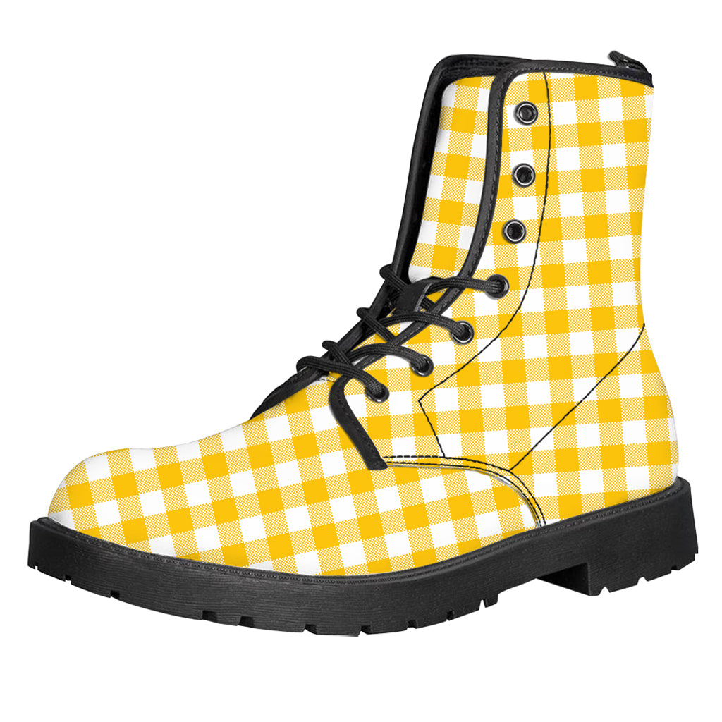 Canary Yellow And White Gingham Print Leather Boots