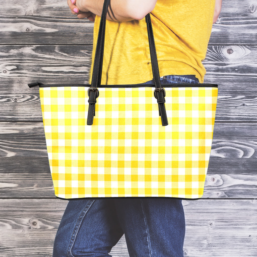 Canary Yellow And White Gingham Print Leather Tote Bag