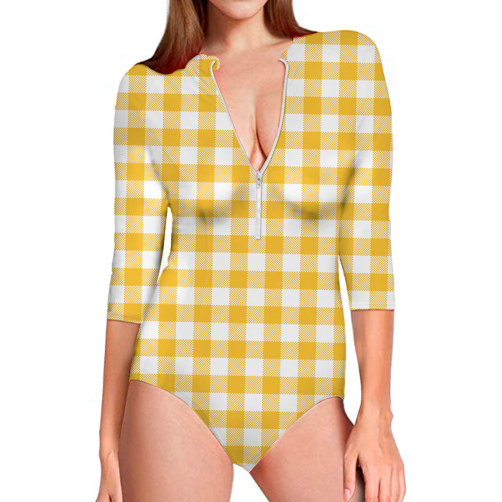 Canary Yellow And White Gingham Print Long Sleeve One Piece Swimsuit