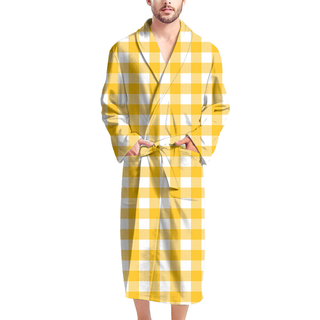 Canary Yellow And White Gingham Print Men's Bathrobe