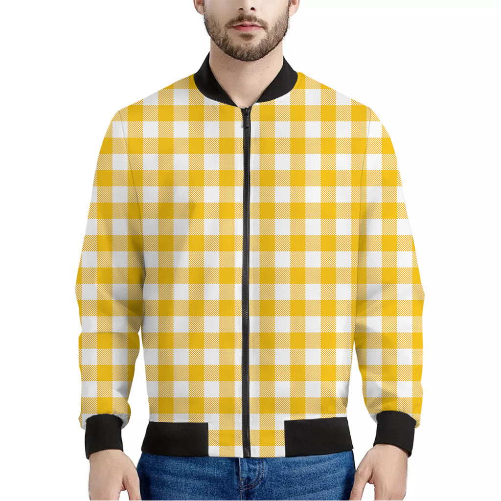 Canary Yellow And White Gingham Print Men's Bomber Jacket