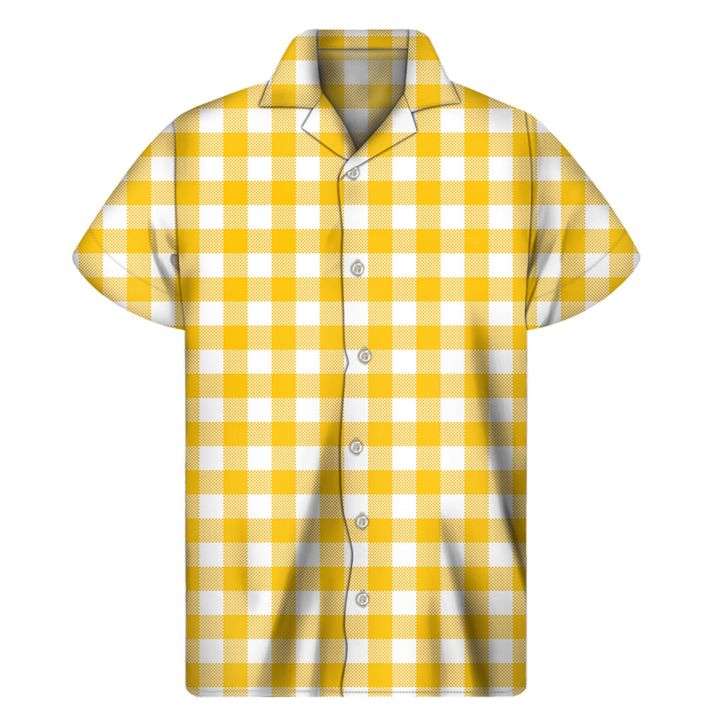 Canary Yellow And White Gingham Print Men's Short Sleeve Shirt