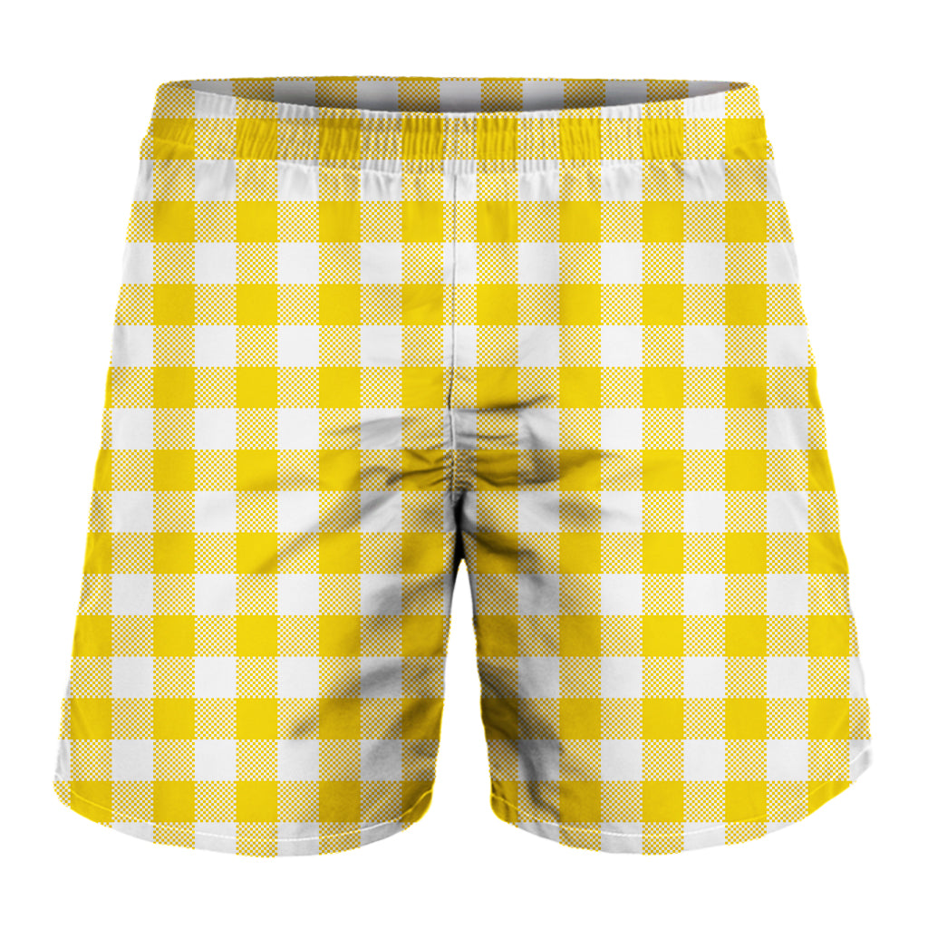 Canary Yellow And White Gingham Print Men's Shorts