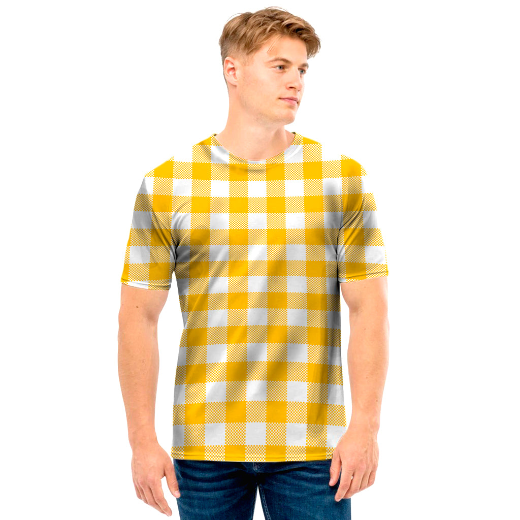 Canary Yellow And White Gingham Print Men's T-Shirt