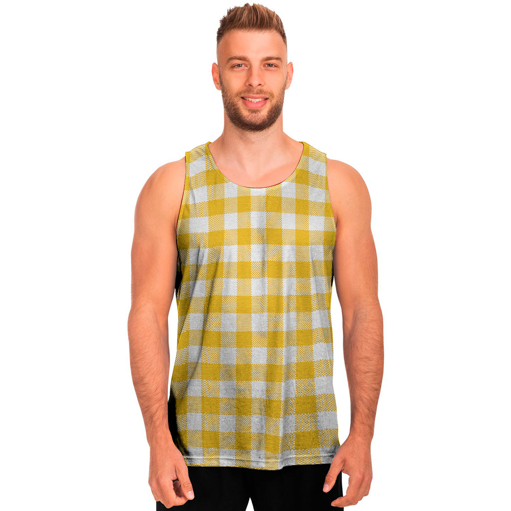 Canary Yellow And White Gingham Print Men's Tank Top