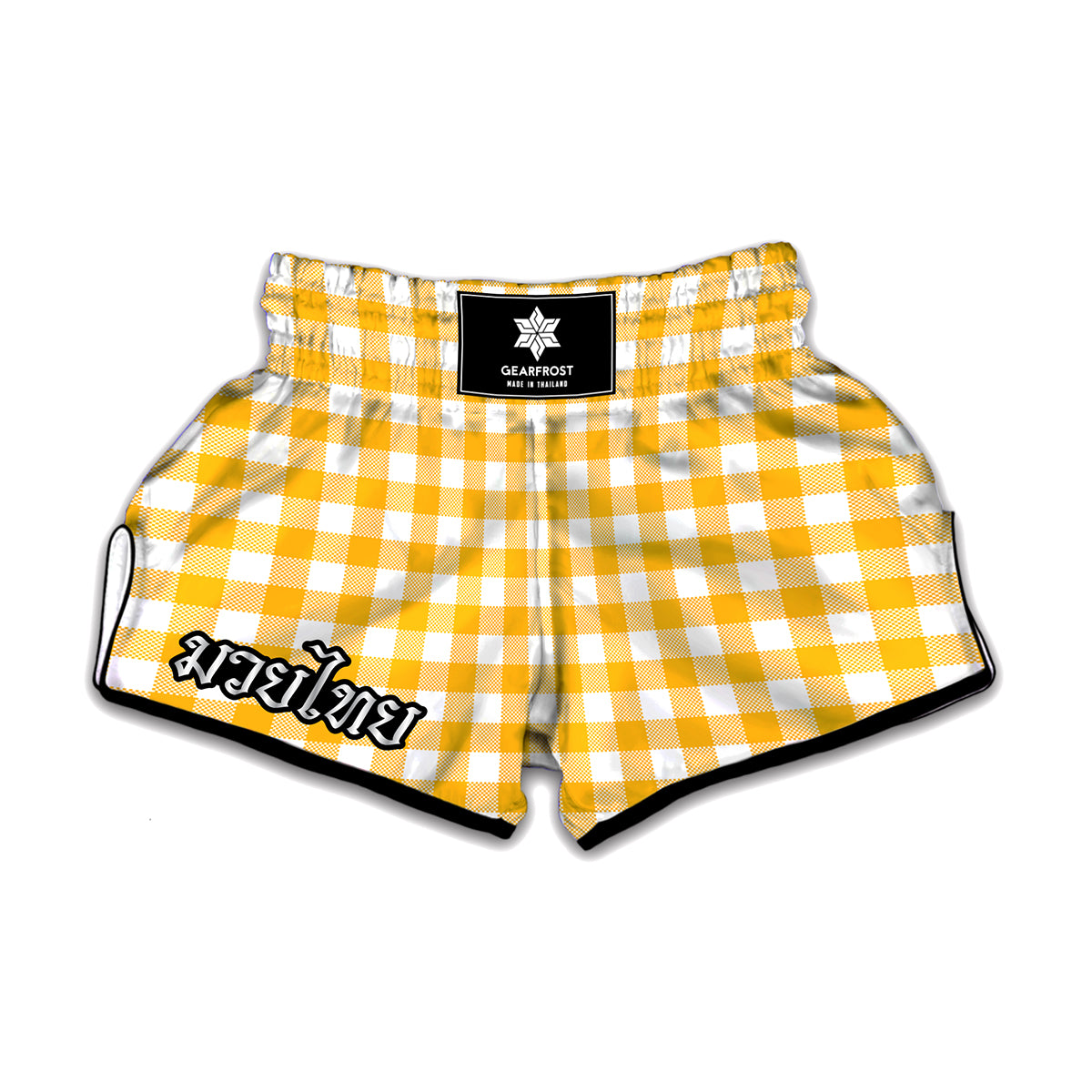 Canary Yellow And White Gingham Print Muay Thai Boxing Shorts