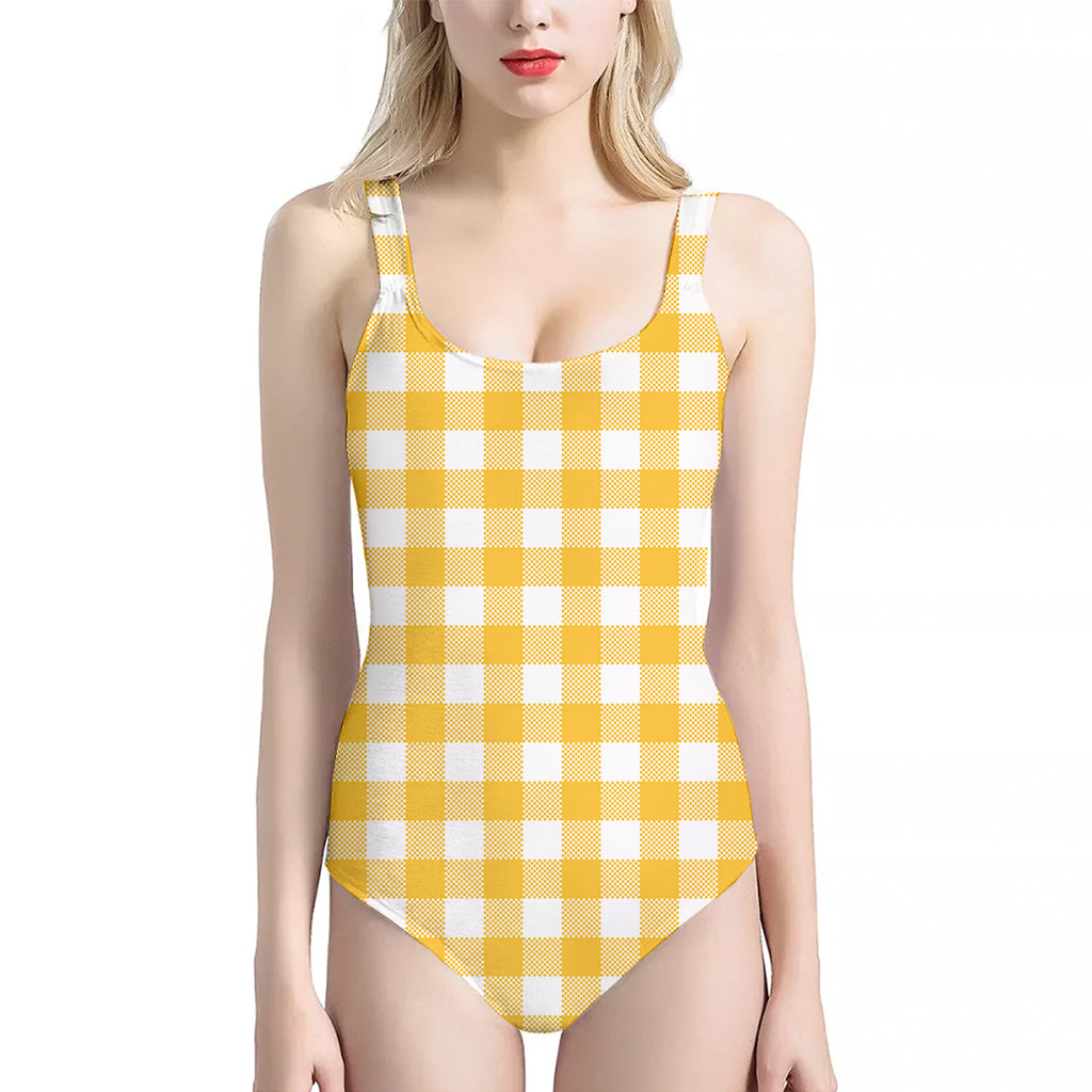 Canary Yellow And White Gingham Print One Piece Halter Neck Swimsuit