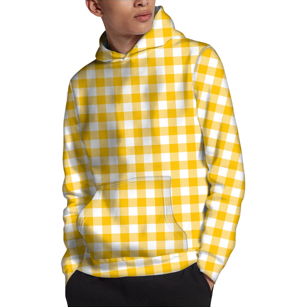 Canary Yellow And White Gingham Print Pullover Hoodie