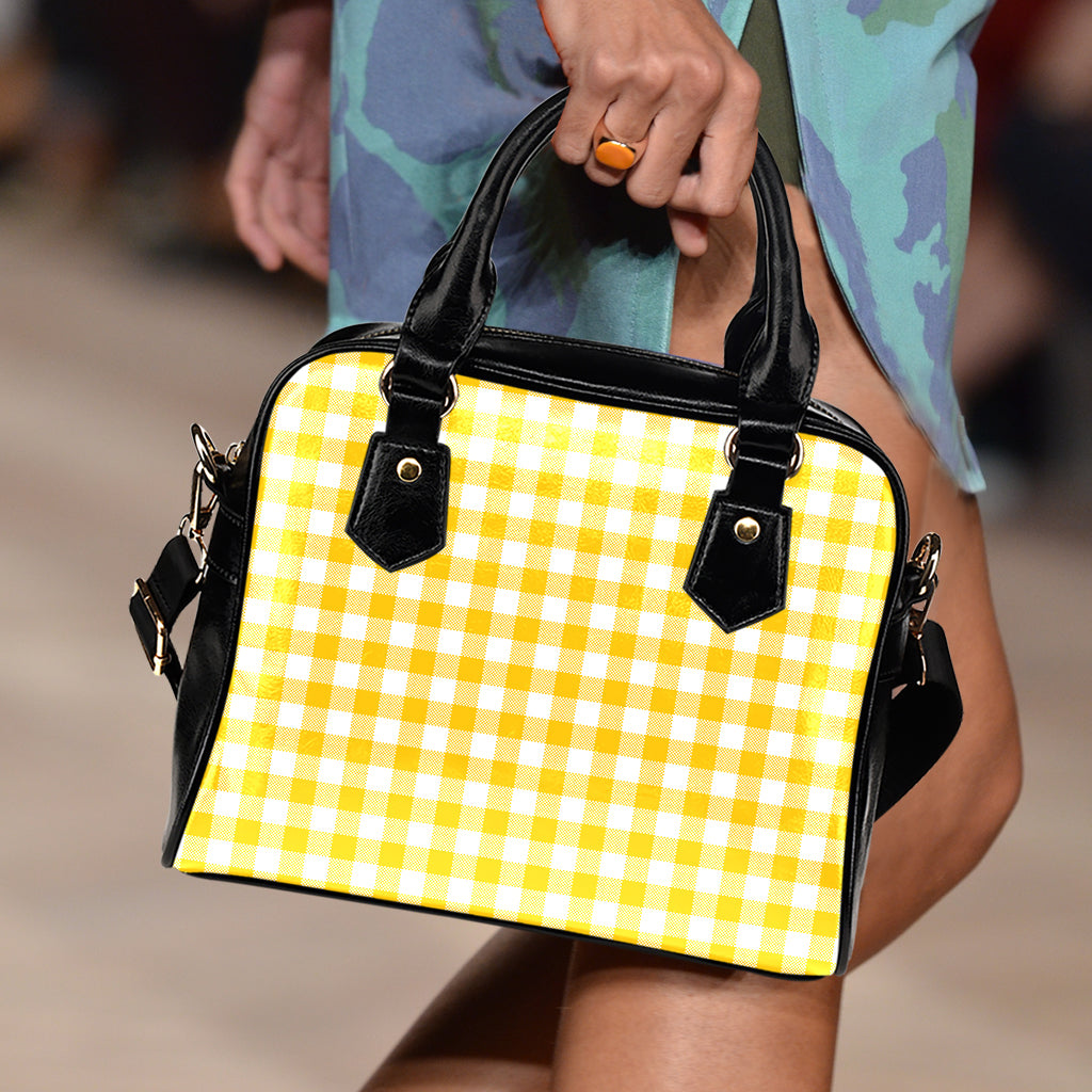 Canary Yellow And White Gingham Print Shoulder Handbag