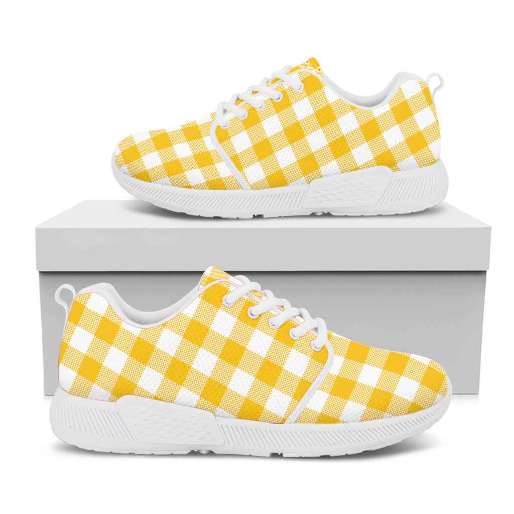 Canary Yellow And White Gingham Print White Athletic Shoes