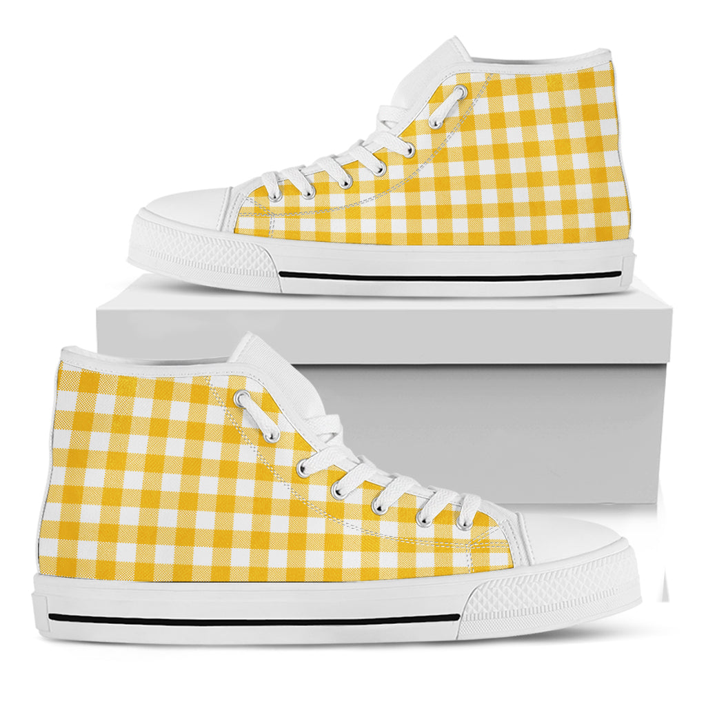 Canary Yellow And White Gingham Print White High Top Shoes