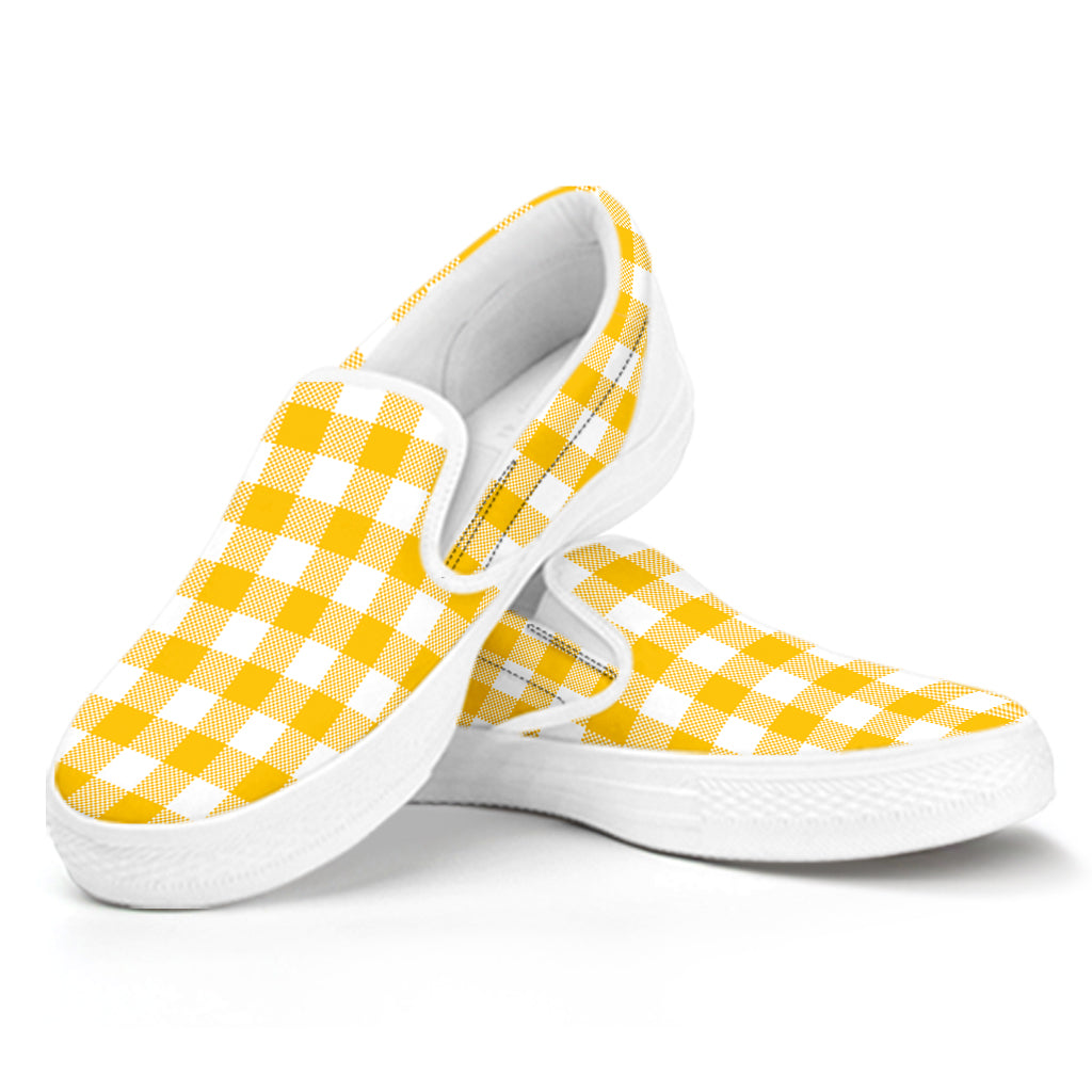 Canary Yellow And White Gingham Print White Slip On Shoes