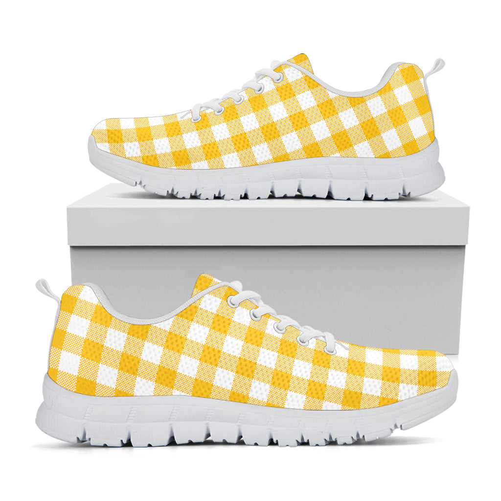 Canary Yellow And White Gingham Print White Sneakers