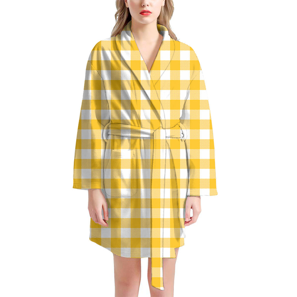 Canary Yellow And White Gingham Print Women's Bathrobe