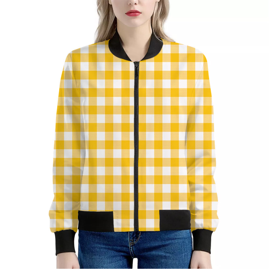 Canary Yellow And White Gingham Print Women's Bomber Jacket