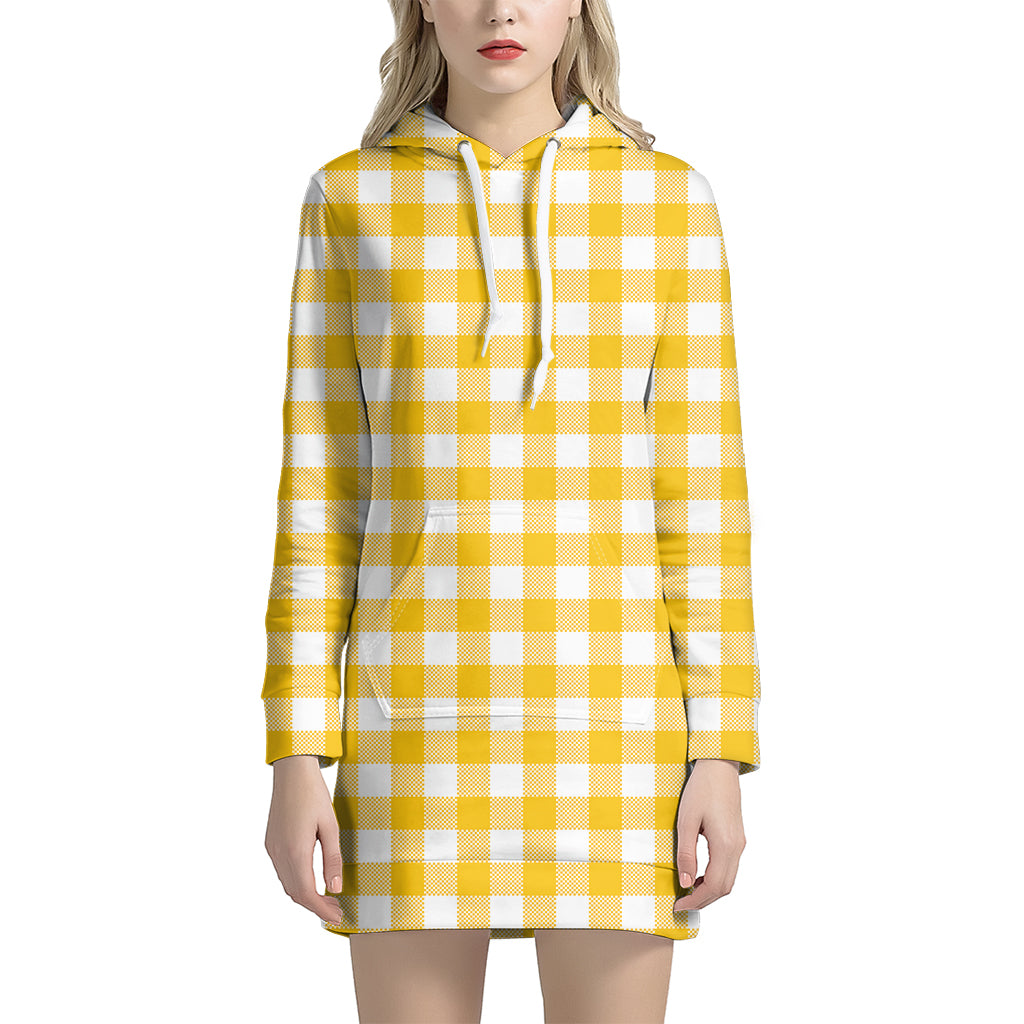 Canary Yellow And White Gingham Print Women's Pullover Hoodie Dress