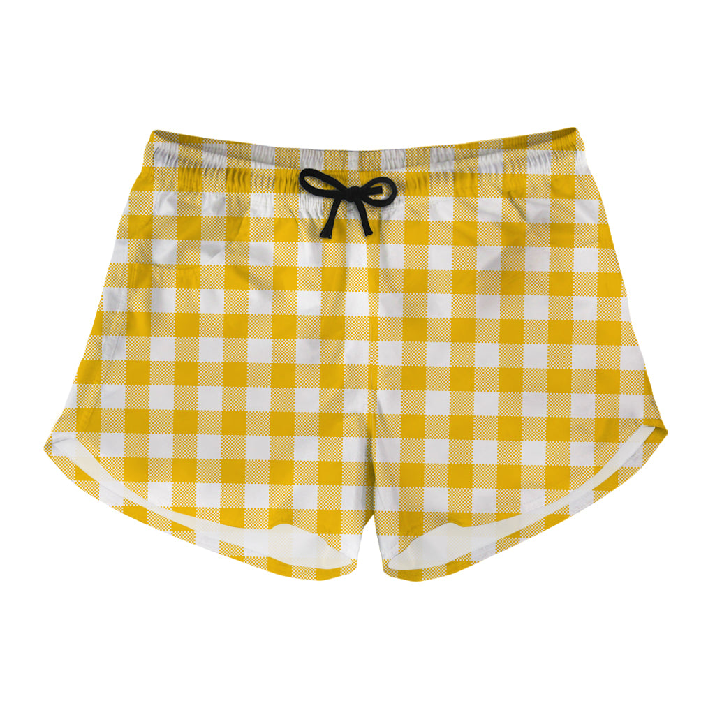 Canary Yellow And White Gingham Print Women's Shorts