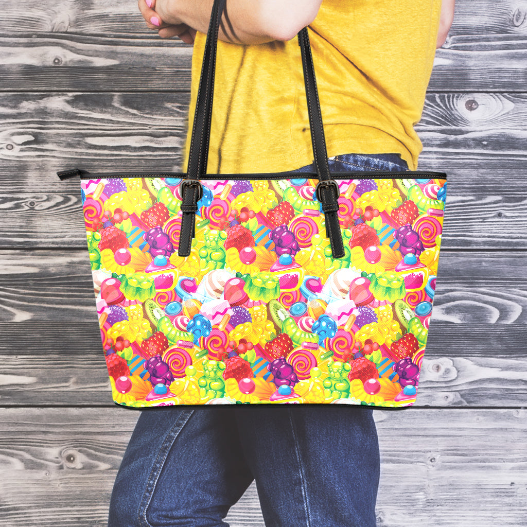 Candy And Jelly Pattern Print Leather Tote Bag