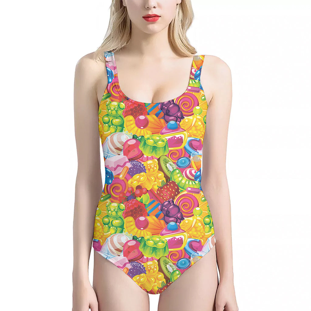 Candy And Jelly Pattern Print One Piece Halter Neck Swimsuit