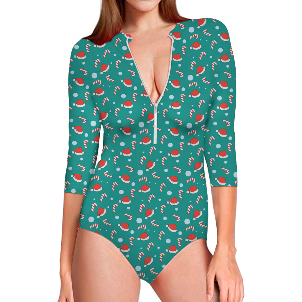 Candy And Santa Claus Hat Pattern Print Long Sleeve One Piece Swimsuit