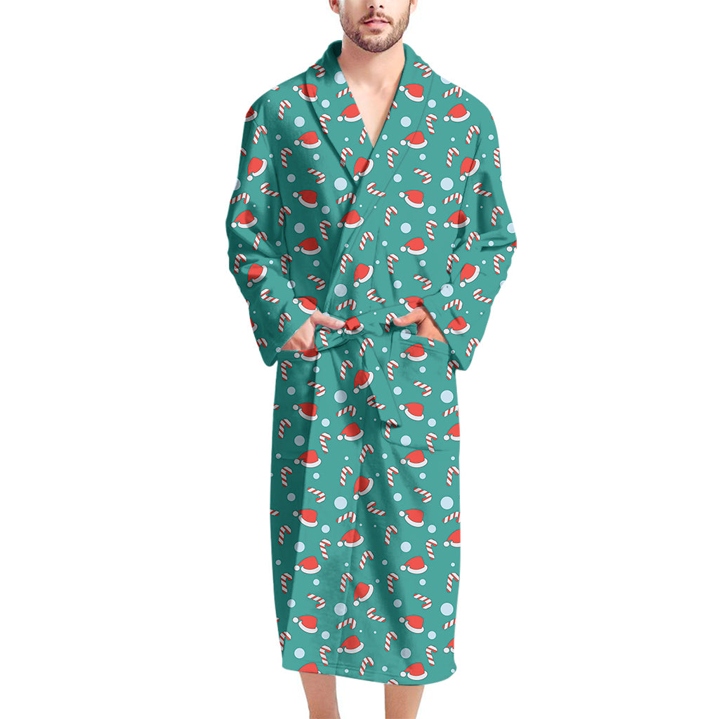 Candy And Santa Claus Hat Pattern Print Men's Bathrobe