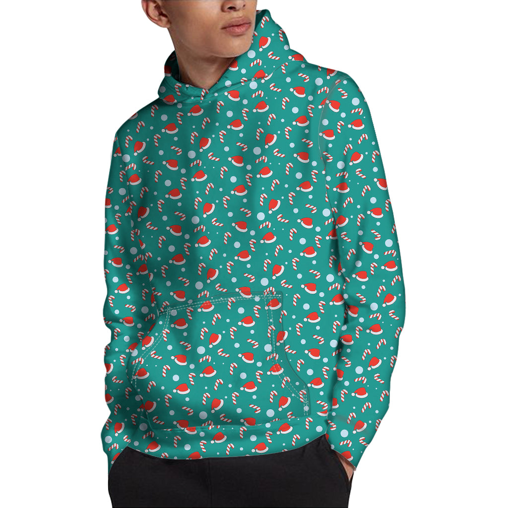 Candy And Santa Claus Hat Pattern Print Pullover Hoodie