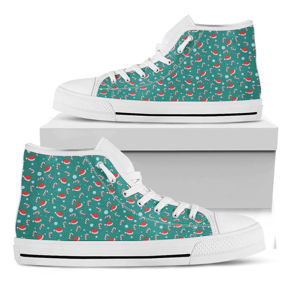 Candy And Santa Claus Hat Pattern Print White High Top Shoes