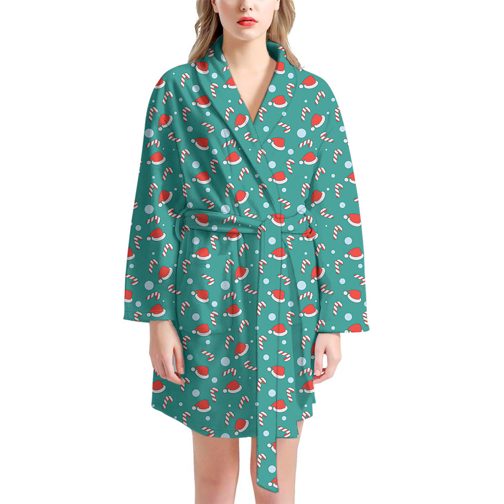 Candy And Santa Claus Hat Pattern Print Women's Bathrobe